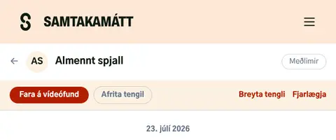 Almennt spjall með rauða hnappnum „Fara á vídeófund“ efst í glugganum