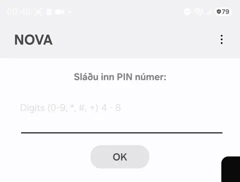 Sami gluggi biður um PIN-númer farsímaskilríkisins með innsláttarreit og OK-hnappi
