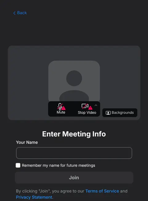 Zoom-skjár sem biður um nafn undir fyrirsögninni „Enter Meeting Info“, með Join-hnappi