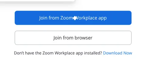 Zoom-síða með tveimur hnöppum: „Join from Zoom Workplace app“ og „Join from browser“ fyrir neðan
